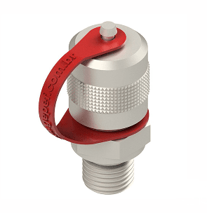 A imagem foca em um único componente industrial isolado sobre um fundo branco. Trata-se de uma válvula ou conector metálico prateado, com uma alça ou tampa vermelha de material flexível, possivelmente silicone ou borracha, presa ao corpo principal. A superfície do corpo metálico possui um padrão texturizado para melhor aderência. A parte inferior apresenta uma rosca para conexão. O design sugere um componente para controle de fluidos em um sistema industrial, com a alça vermelha facilitando a operação manual.
